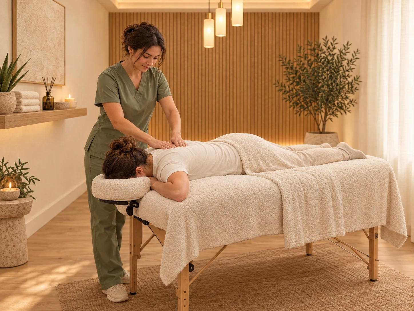 Concept image of a therapist giving a shoulder massage in a private cream-and-wood treatment room