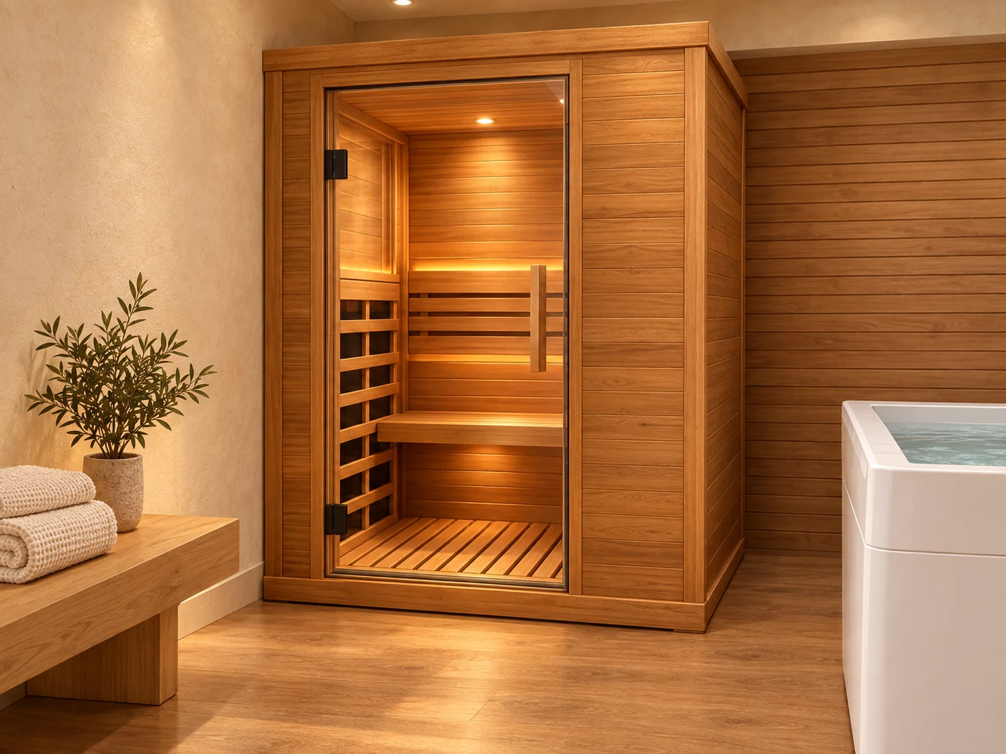 Concept image of a cedar sauna in a warm cream-and-wood private recovery suite